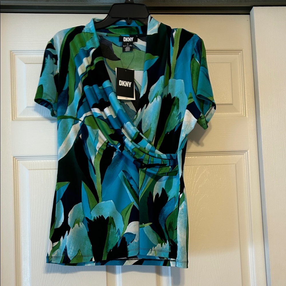 New with Tags DKNY Vibrant Tropical Faux Wrap Top
